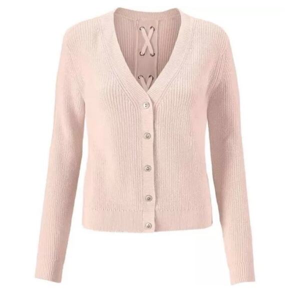 Cabi 3357 Blush Pink Ribbed Knit Lace Up Button Front Cardigan Sweater Size S - Picture 3 of 13